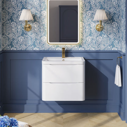 Nuie Lunar 600mm Wall Hung 2 Drawer Vanity Unit With Ceramic Basin