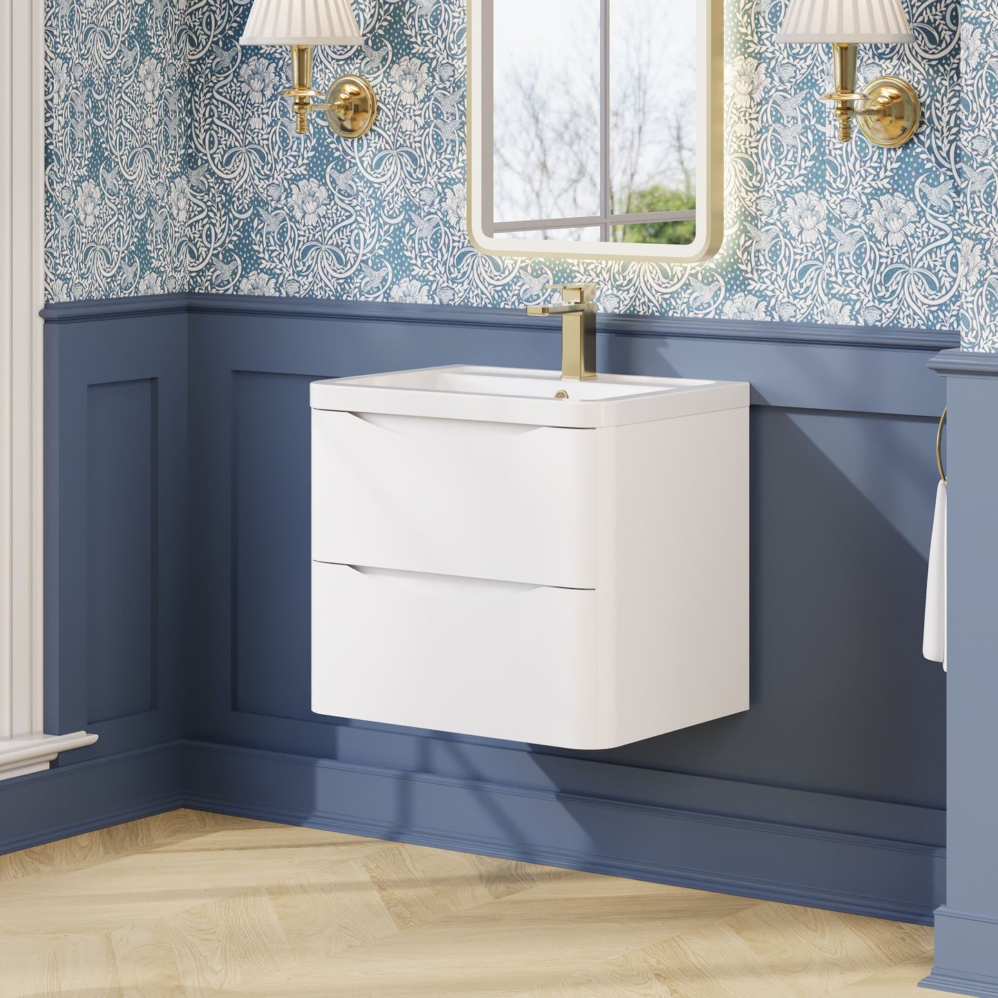 Nuie Lunar 600mm Wall Hung 2 Drawer Vanity Unit With Ceramic Basin