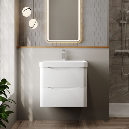 Nuie Lunar 600mm Wall Hung 2 Drawer Unit & Ceramic Basin