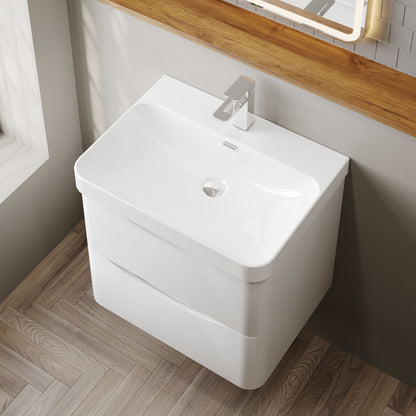 Nuie Lunar 600mm Wall Hung 2 Drawer Unit & Ceramic Basin