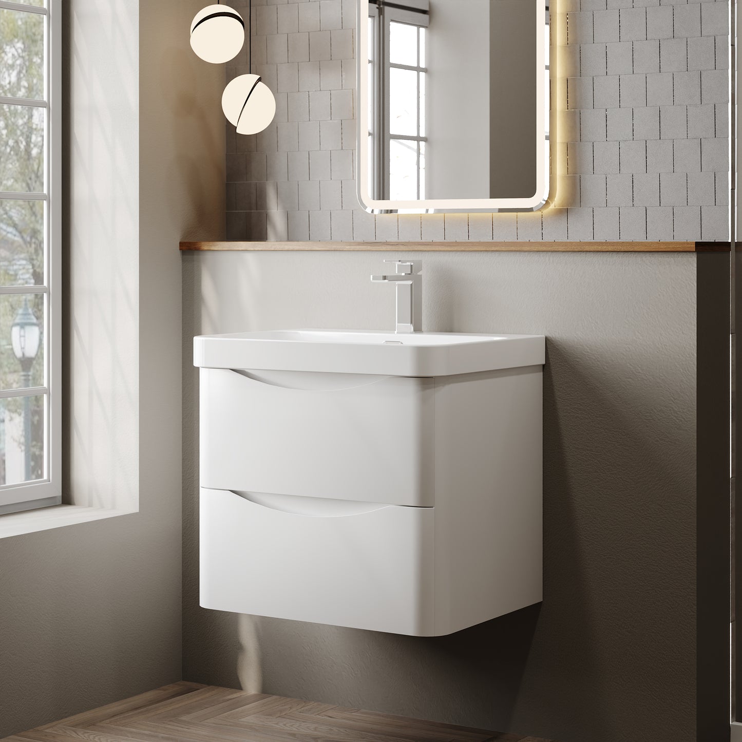 Nuie Lunar 600mm Wall Hung 2 Drawer Unit & Ceramic Basin