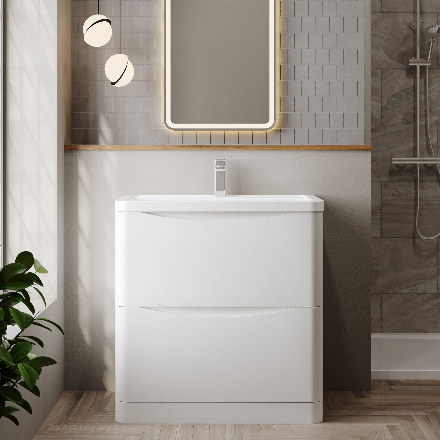 Nuie Lunar 800mm Satin White Floor Standing 2 Drawer Basin Unit