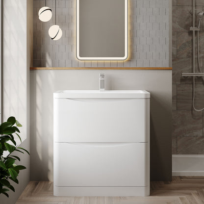 Nuie Lunar 800mm Satin White Floor Standing 2 Drawer Basin Unit