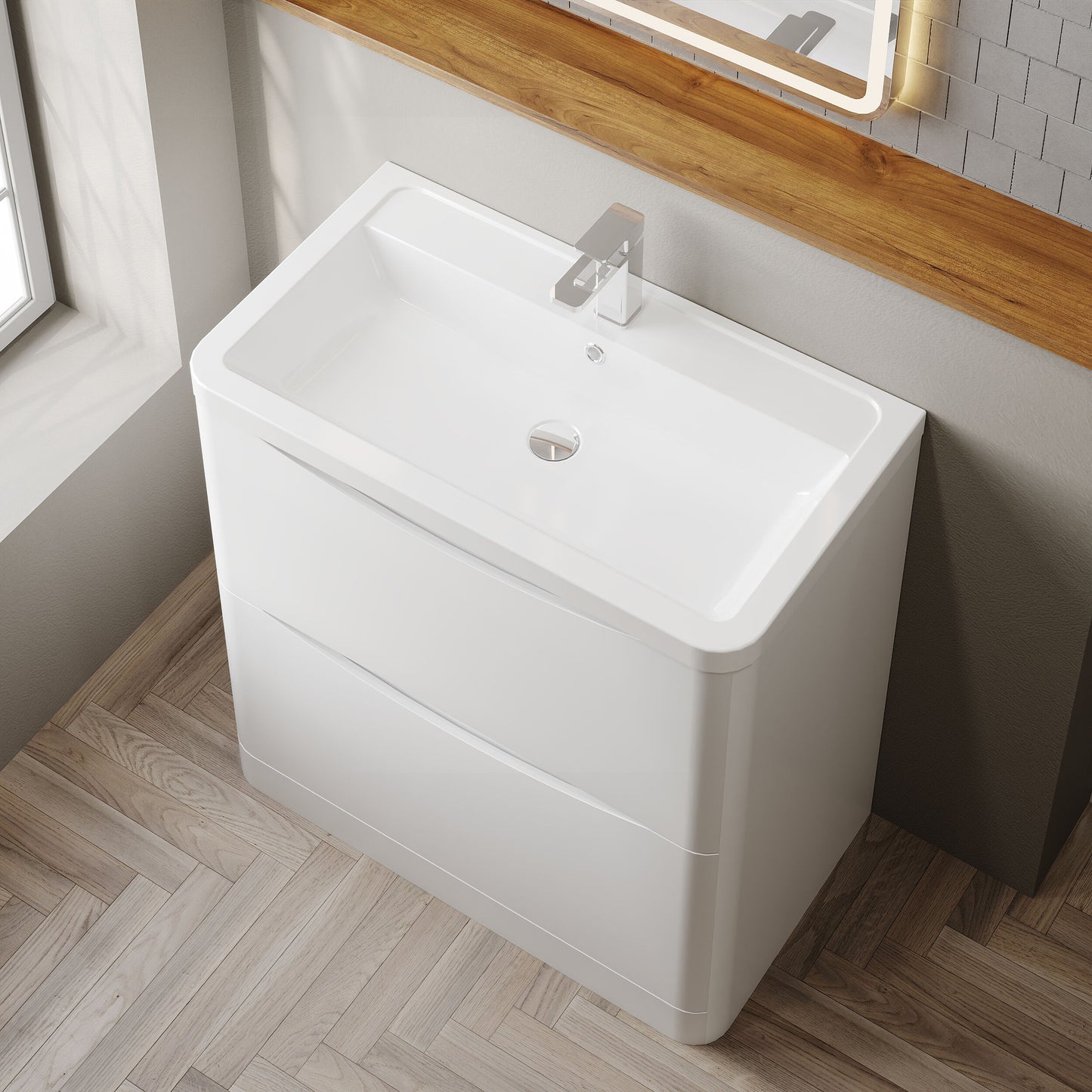 Nuie Lunar 800mm Satin White Floor Standing 2 Drawer Basin Unit