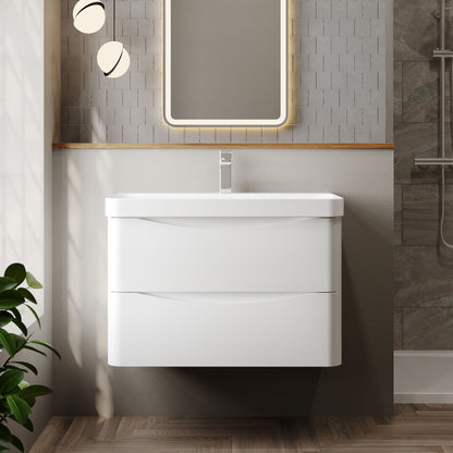Nuie Lunar 800mm Satin White Wall Hung Vanity Unit With Ceramic Basin
