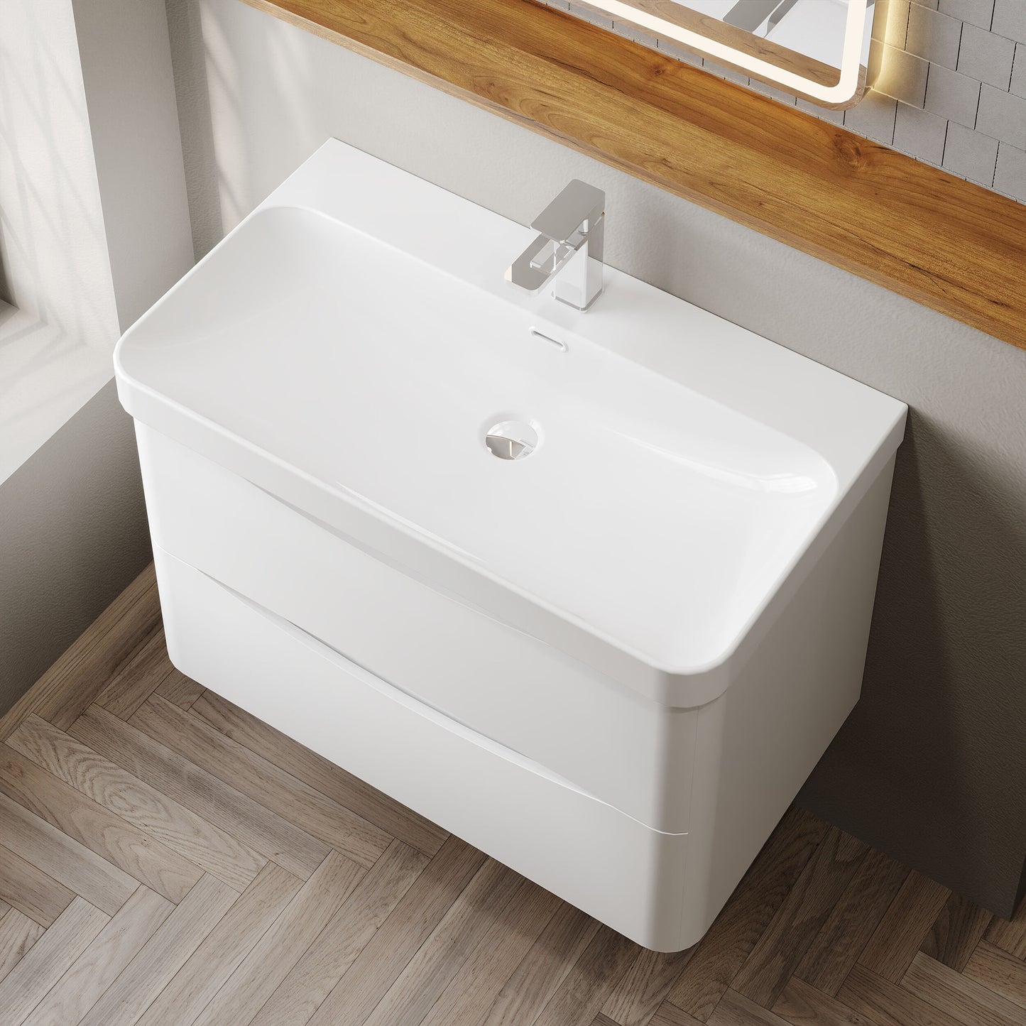 Nuie Lunar 800mm Satin White Wall Hung Vanity Unit With Ceramic Basin
