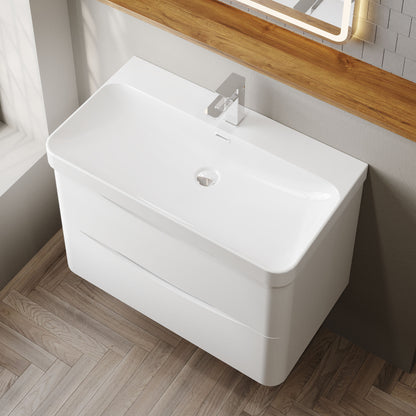 Nuie Lunar 800mm Satin White Wall Hung Vanity Unit With Ceramic Basin