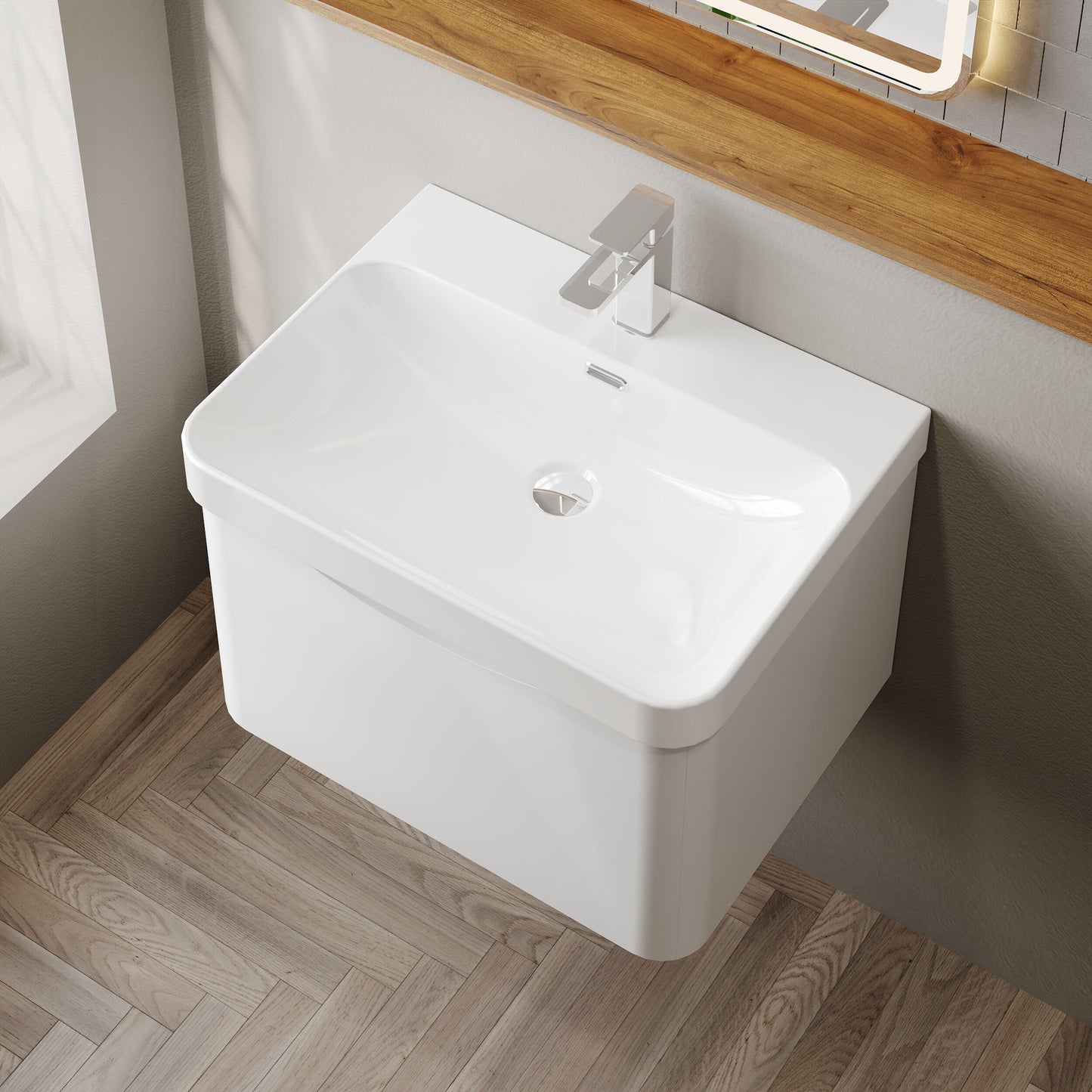 Nuie Lunar 600mm Wall Hung 1 Drawer Vanity Unit Including Basin