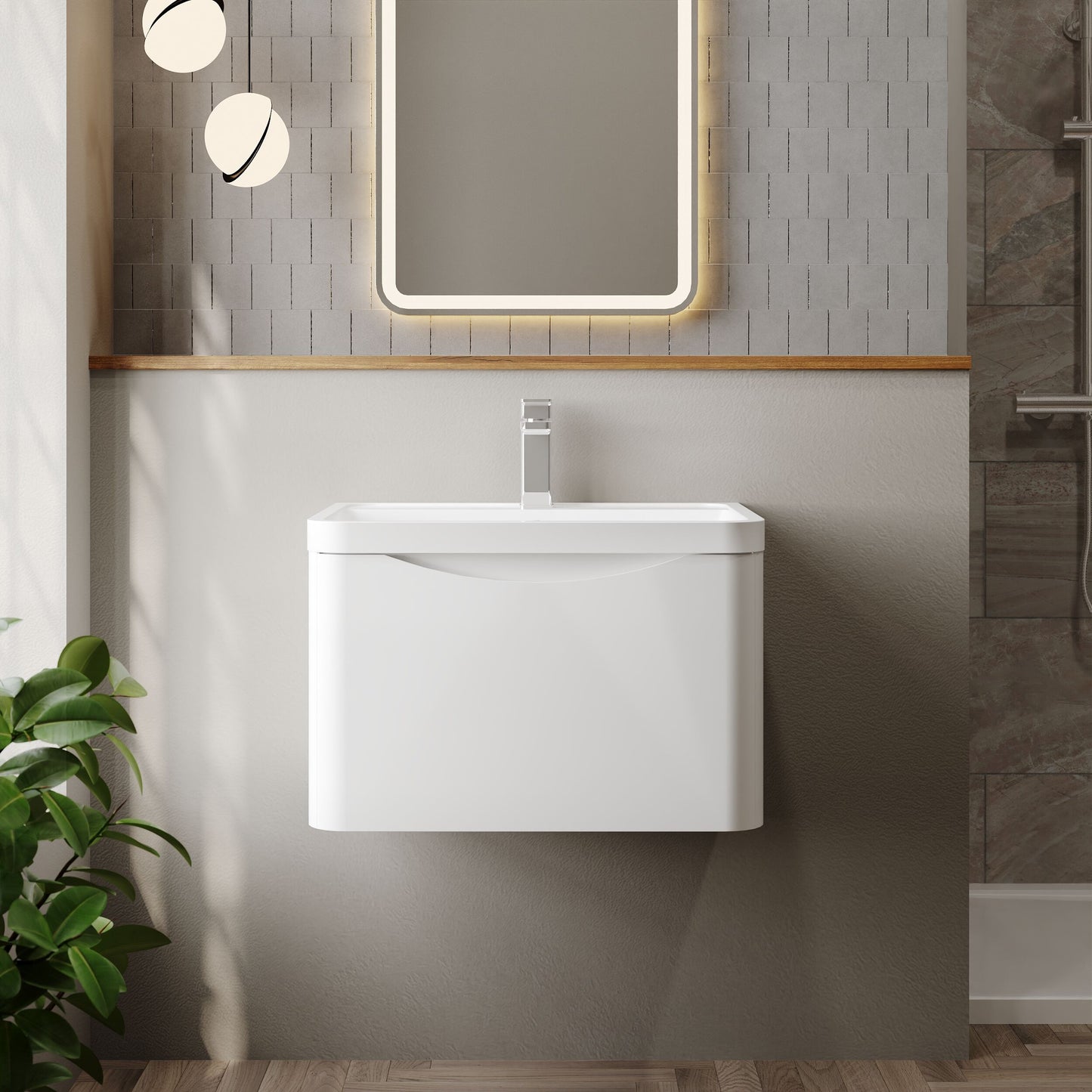 Nuie Lunar Satin White 600mm Wall Hung 1 Drawer Vanity Unit With Polymarble Basin
