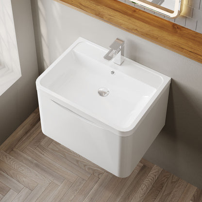 Nuie Lunar Satin White 600mm Wall Hung 1 Drawer Vanity Unit With Polymarble Basin