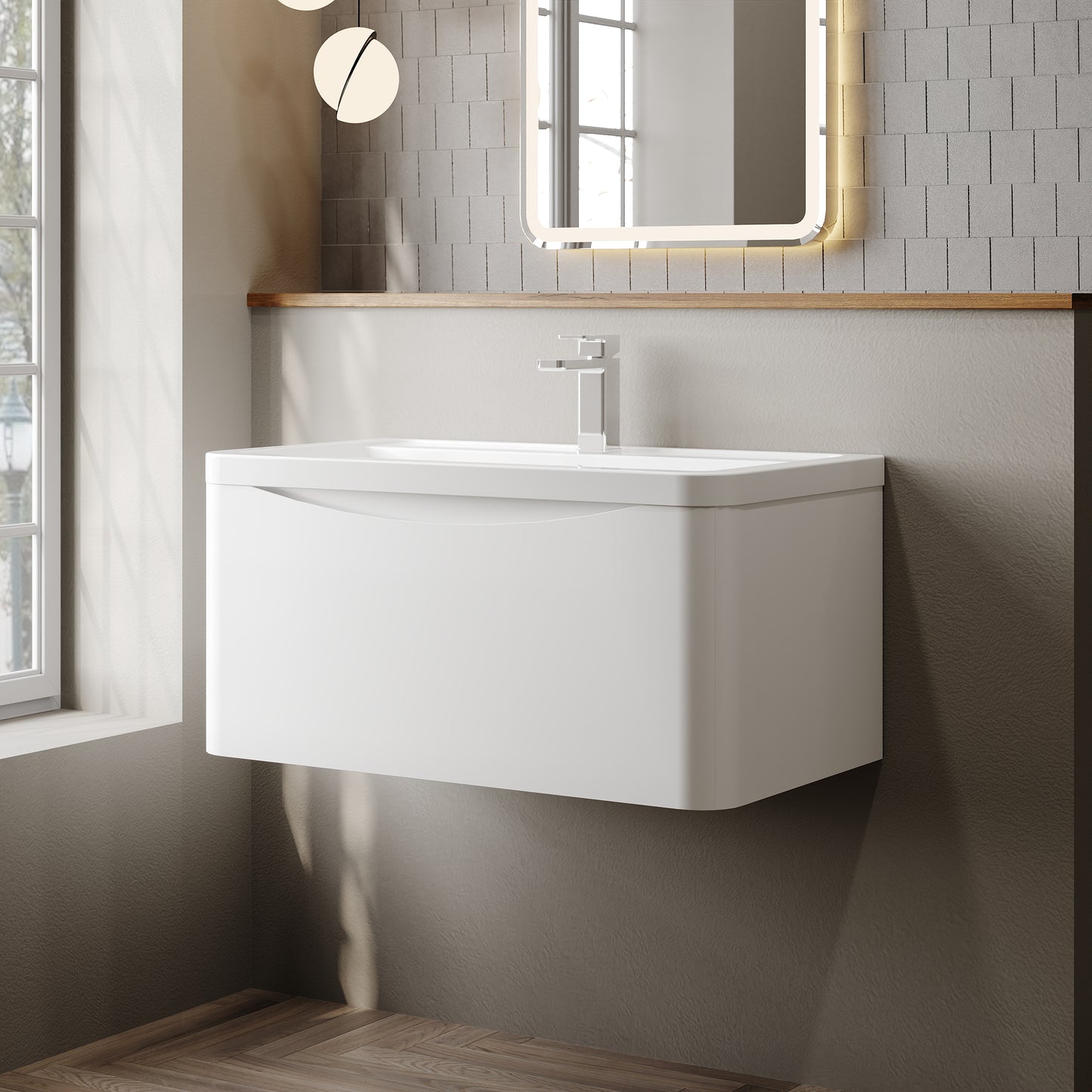 Nuie Lunar 800mm Wall Hung 1 Drawer Unit & Ceramic Basin