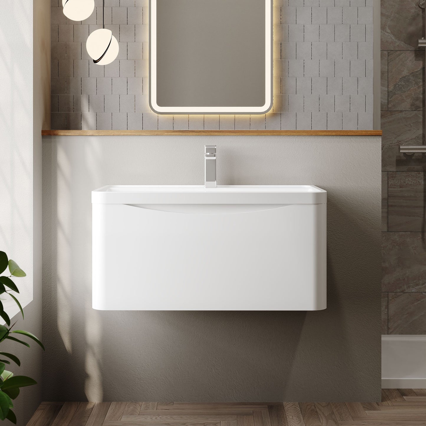 Nuie Lunar 800mm Satin White Wall Hung 1 Drawer Vanity Unit & Basin