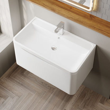 Nuie Lunar 800mm Satin White Wall Hung 1 Drawer Vanity Unit & Basin