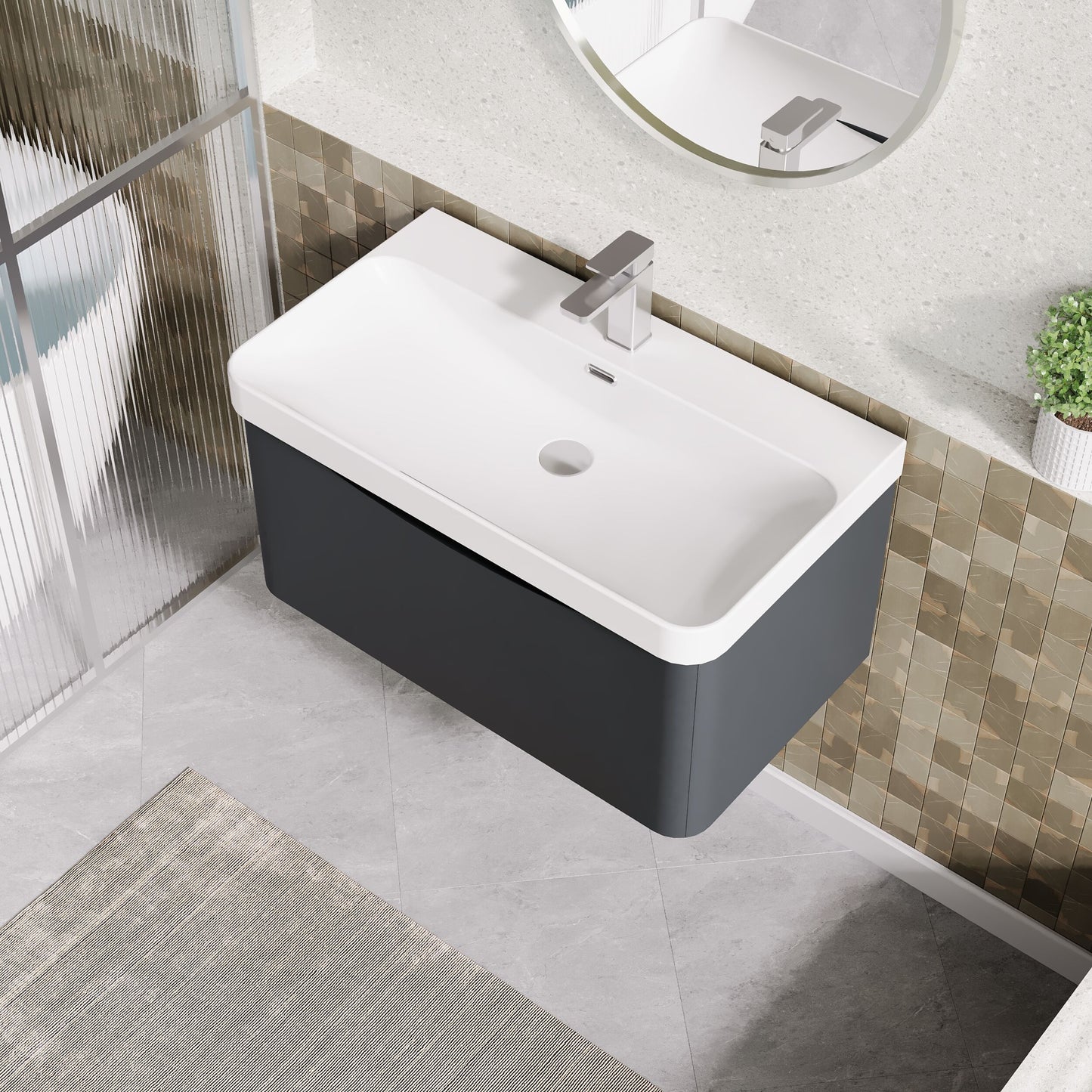 Nuie Lunar 800mm Soft Black Wall Hung 1 Drawer Basin Unit With 1 Tap Hole Ceramic Basin