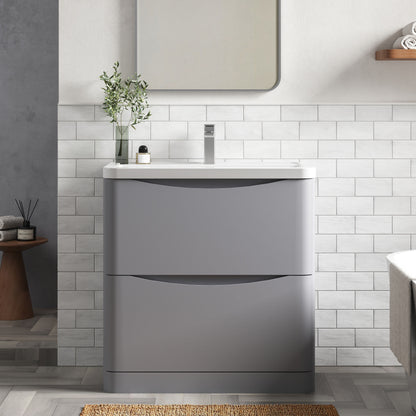 Nuie Lunar 800mm Satin Grey Floor Standing 2 Drawer Vanity Unit With 1 Tap Hole Basin