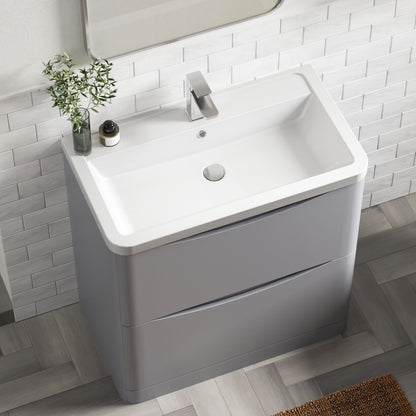 Nuie Lunar 800mm Satin Grey Floor Standing 2 Drawer Vanity Unit With 1 Tap Hole Basin