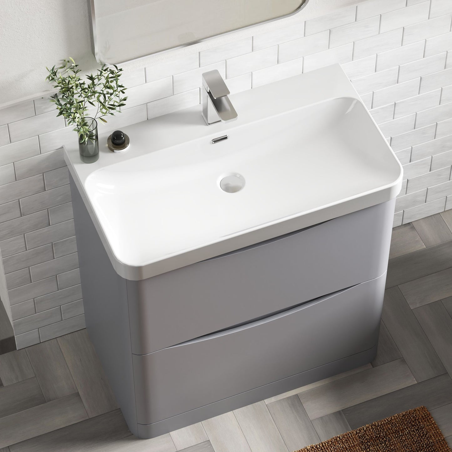Nuie Lunar 800mm Satin Grey Floor Standing 2 Drawer Vanity Unit With Ceramic Basin