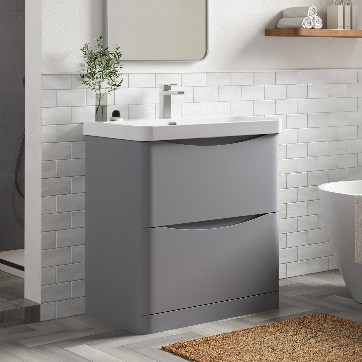 Nuie Lunar 800mm Satin Grey Floor Standing 2 Drawer Vanity Unit With Ceramic Basin