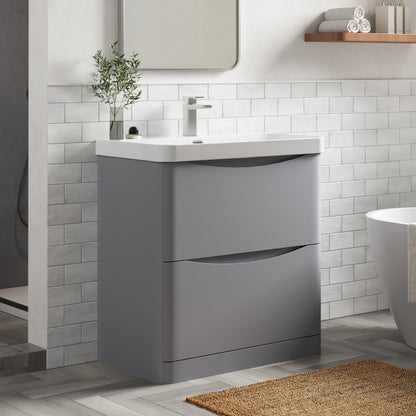Nuie Lunar 800mm Satin Grey Floor Standing 2 Drawer Vanity Unit With Ceramic Basin