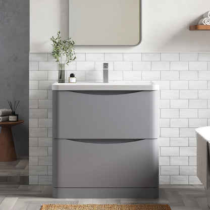 Nuie Lunar 800mm Satin Grey Floor Standing 2 Drawer Vanity Unit With Polymarble Basin