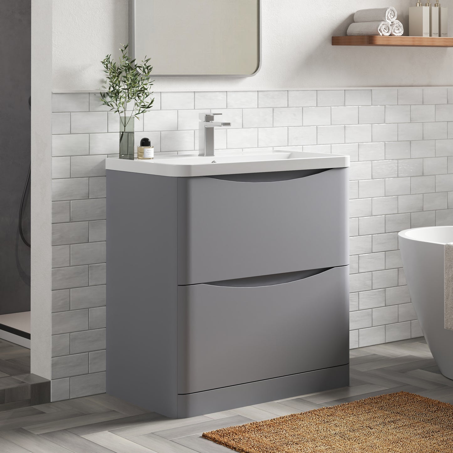 Nuie Lunar 800mm Satin Grey Floor Standing 2 Drawer Vanity Unit With Polymarble Basin
