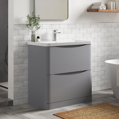 Nuie Lunar 800mm Satin Grey Floor Standing 2 Drawer Vanity Unit With Polymarble Basin