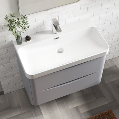 Nuie Lunar 800mm Satin Grey Wall Hung 2 Drawer Unit With Thin Edge Ceramic Basin