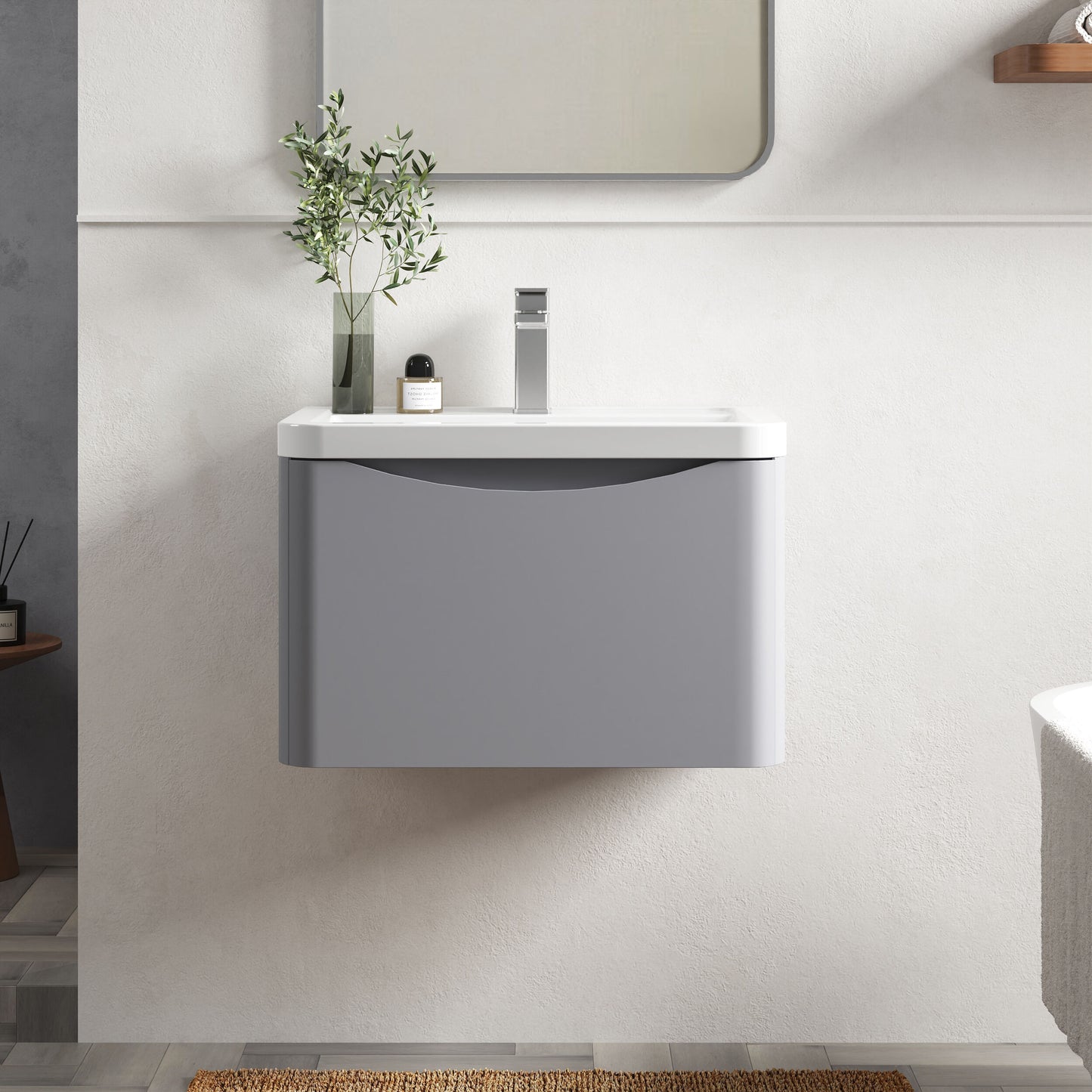 Nuie Lunar 600mm Satin Grey Wall Hung 1 Drawer Unit With Ceramic Basin