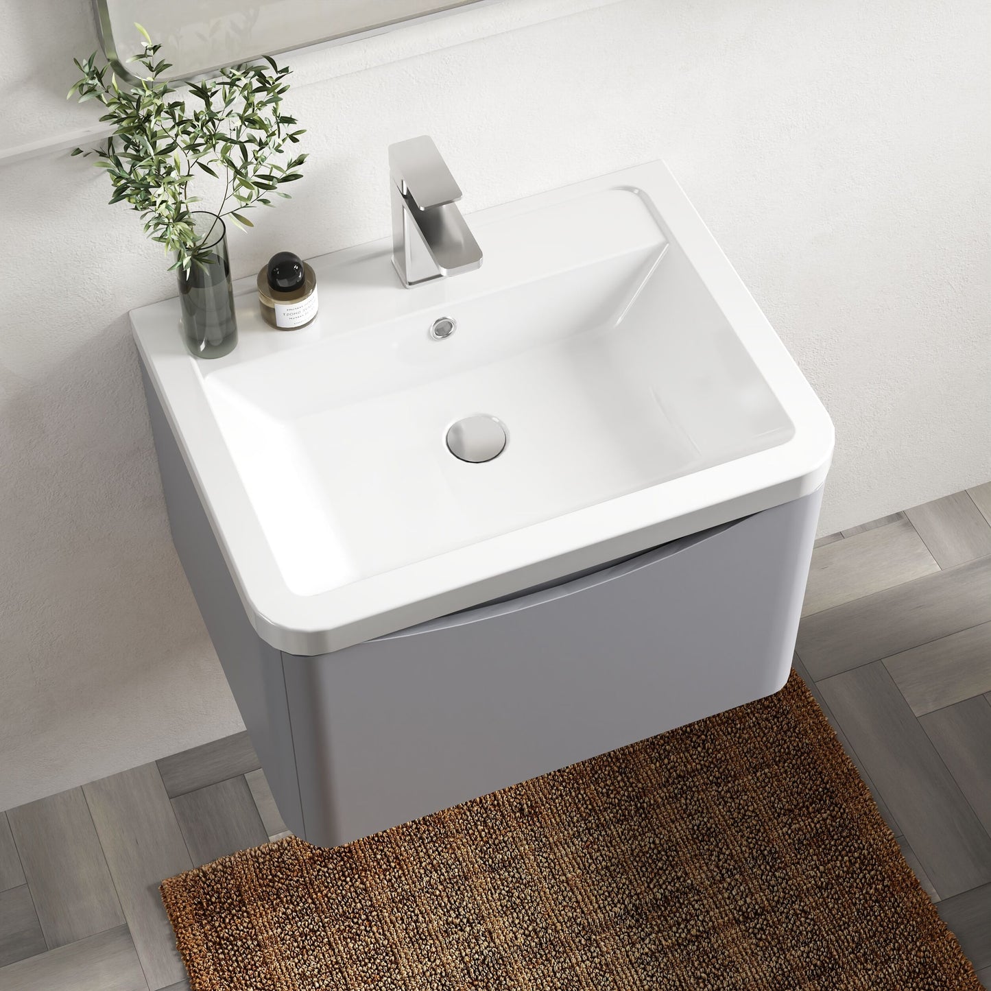 Nuie Lunar 600mm Satin Grey Wall Hung 1 Drawer Unit With Ceramic Basin