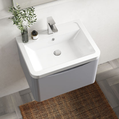 Nuie Lunar 600mm Satin Grey Wall Hung 1 Drawer Unit With Ceramic Basin