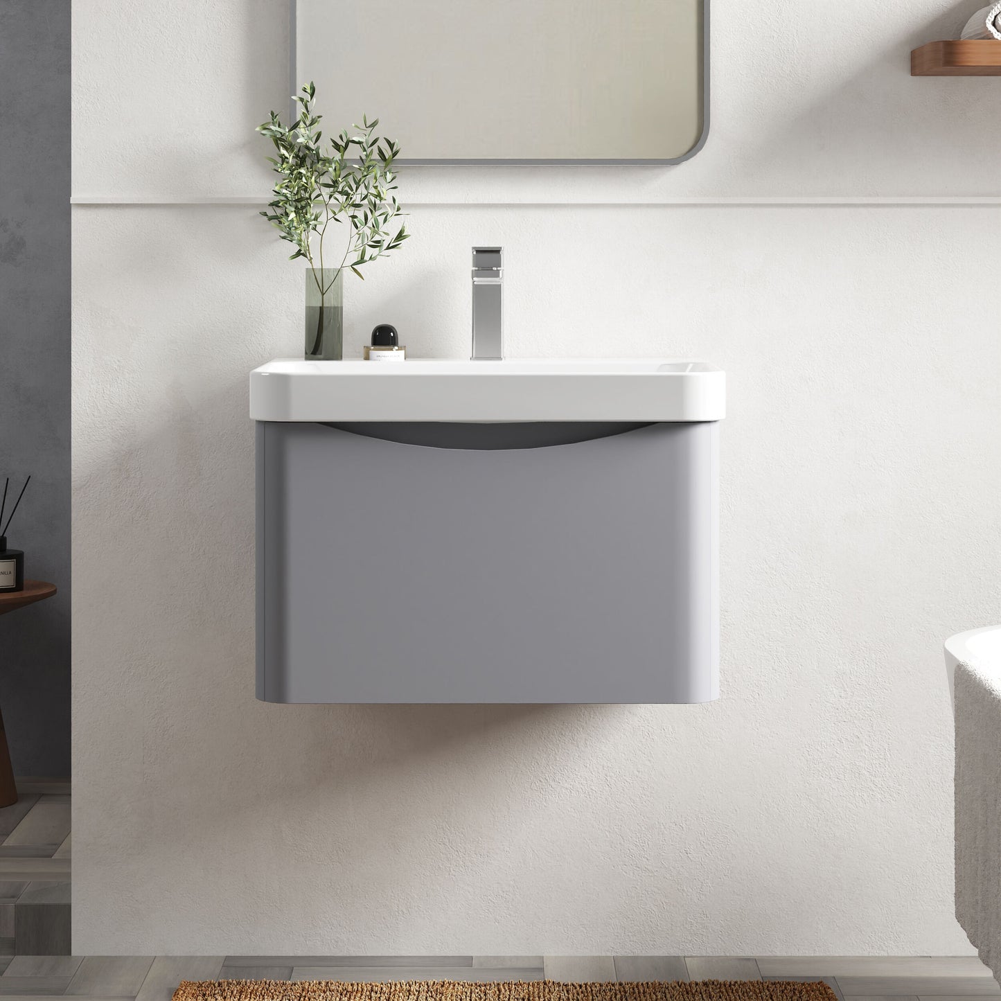 Nuie Lunar 600mm Satin Grey Wall Hung 1 Drawer Vanity Unit with Basin