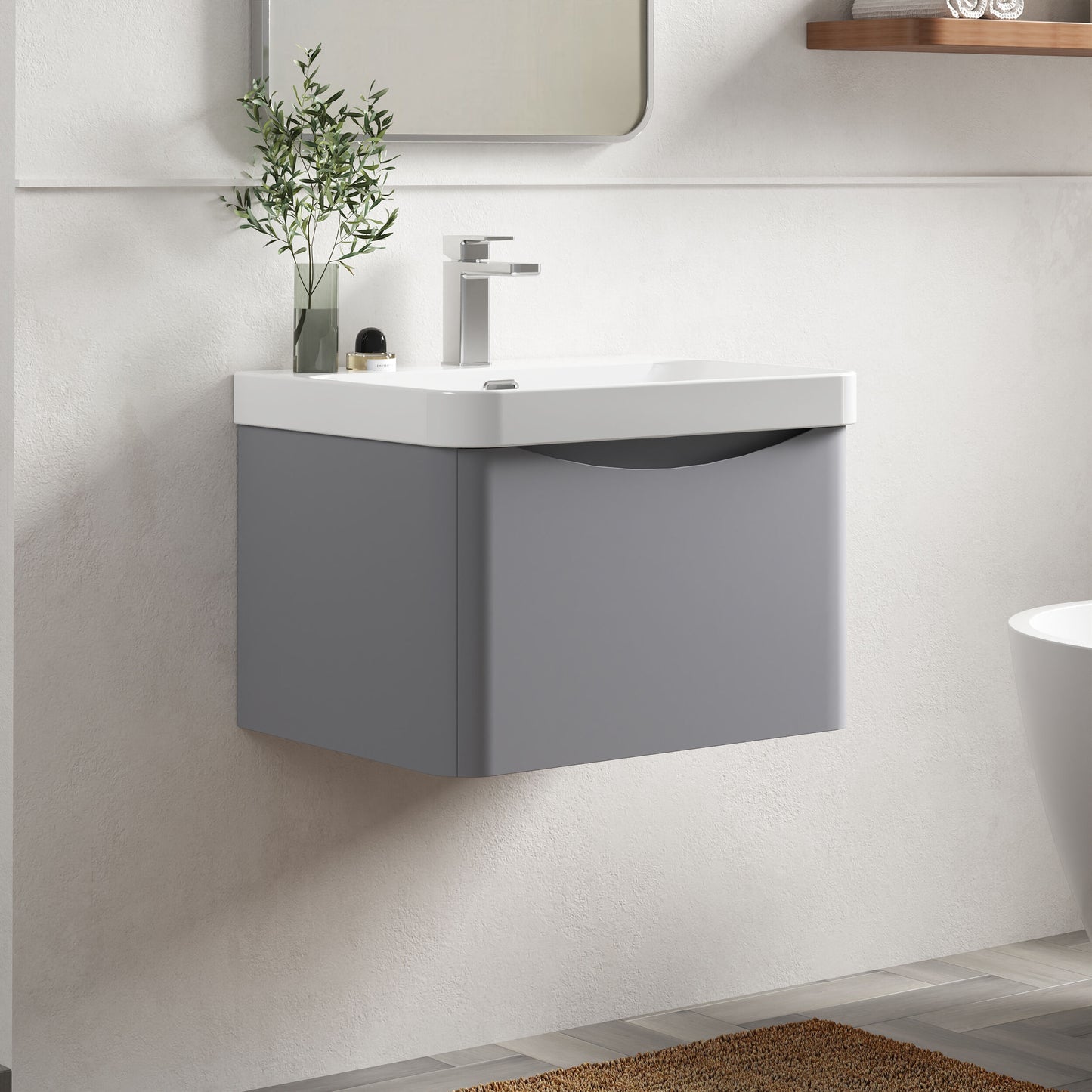 Nuie Lunar 600mm Satin Grey Wall Hung 1 Drawer Vanity Unit with Basin