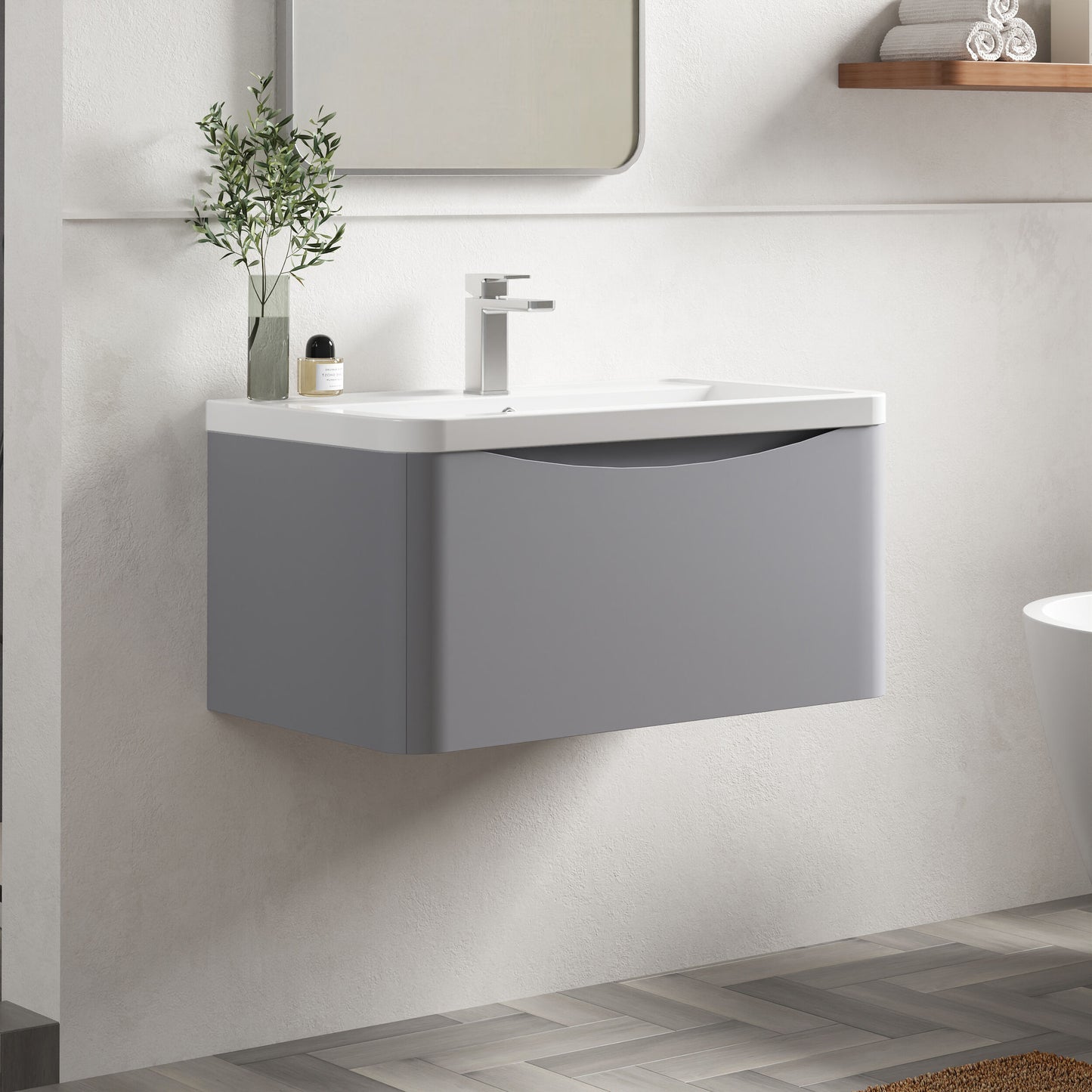 Nuie Lunar Satin Grey 800mm Wall Hung 1 Drawer Unit With Ceramic Basin & 1 Tap Hole