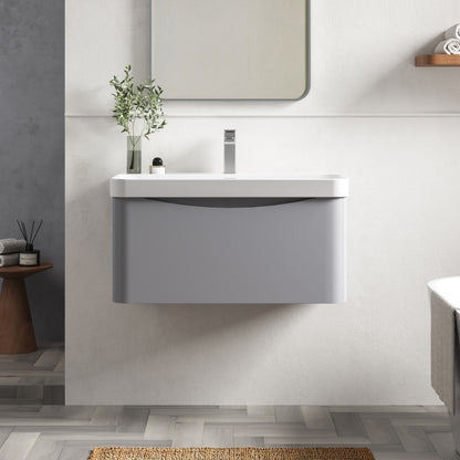 Nuie Lunar 800mm Satin Grey 1 Drawer Wall Hung Vanity Unit With Ceramic Basin