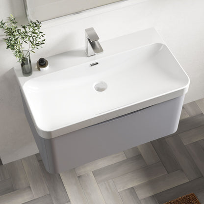 Nuie Lunar 800mm Satin Grey 1 Drawer Wall Hung Vanity Unit With Ceramic Basin