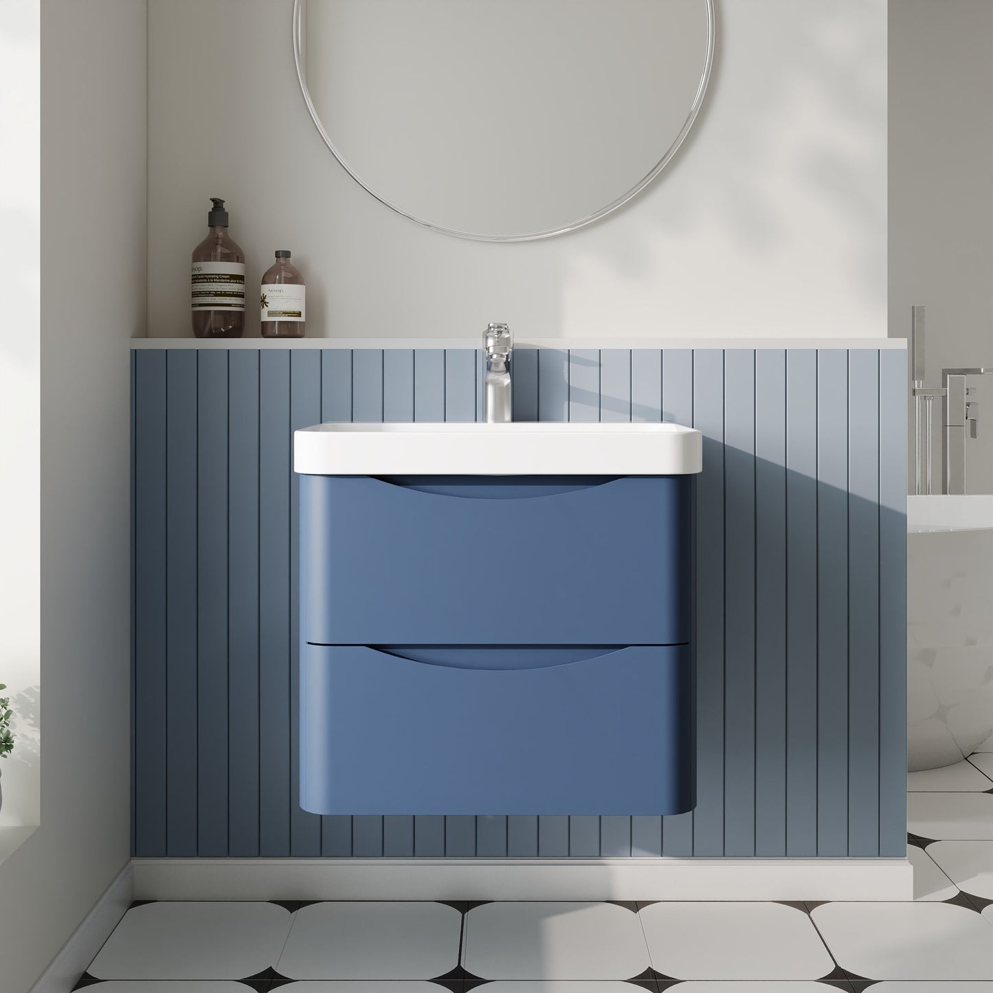 Nuie Lunar 600mm Satin Blue Wall Hung 2 Drawer Vanity Unit With Basin