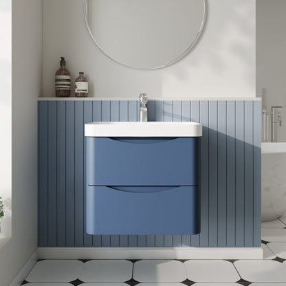 Nuie Lunar 600mm Satin Blue Wall Hung 2 Drawer Vanity Unit With Basin