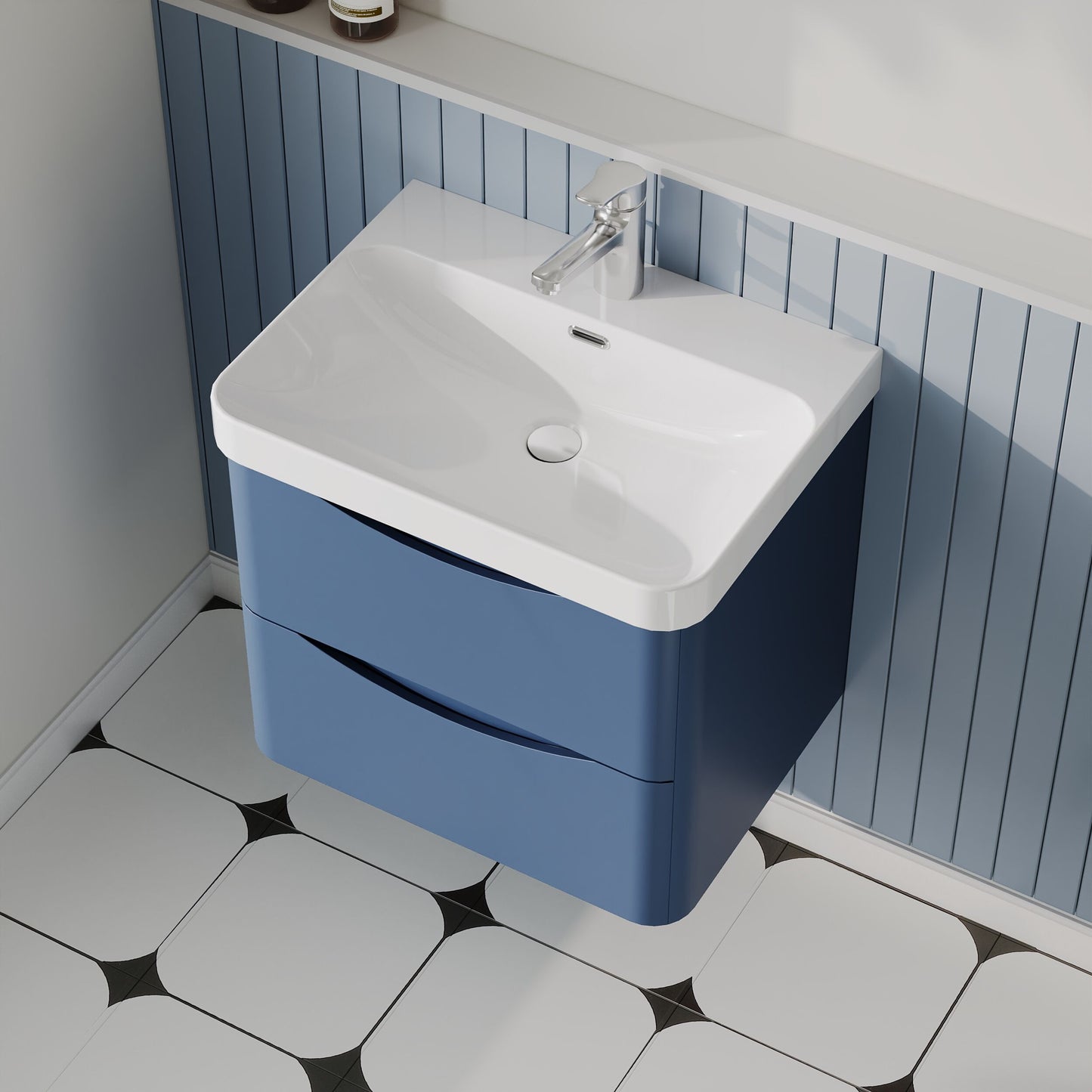 Nuie Lunar 600mm Satin Blue Wall Hung 2 Drawer Vanity Unit With Basin