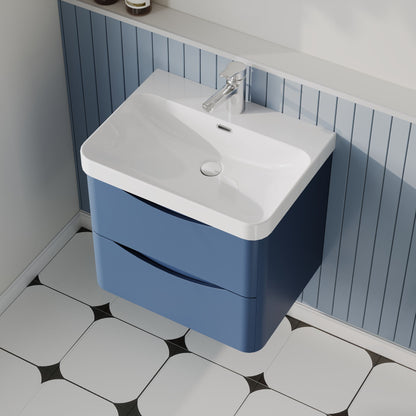 Nuie Lunar 600mm Satin Blue Wall Hung 2 Drawer Vanity Unit With Basin