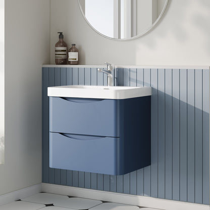 Nuie Lunar 600mm Satin Blue Wall Hung 2 Drawer Vanity Unit With Basin