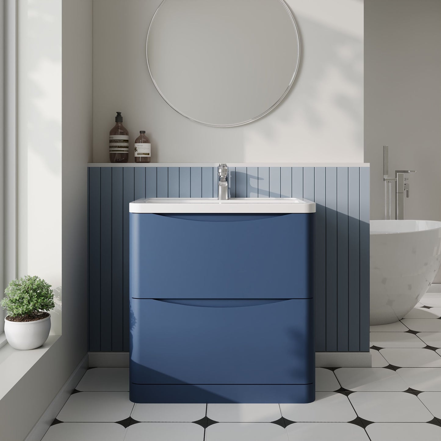 Nuie Lunar 800mm Satin Blue Floor Standing 2 Drawer Vanity Unit With Ceramic Basin