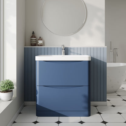 Nuie Lunar 800mm Satin Blue Floor Standing 2 Drawer Vanity Unit With Ceramic Basin
