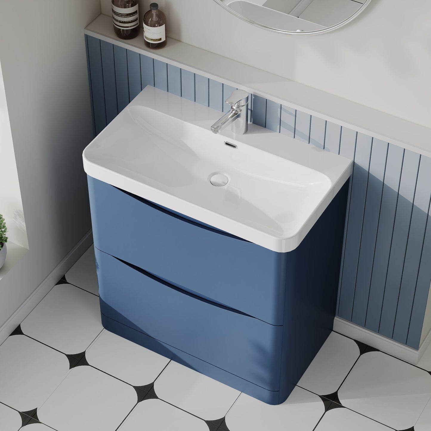 Nuie Lunar 800mm Satin Blue Floor Standing 2 Drawer Vanity Unit With Ceramic Basin