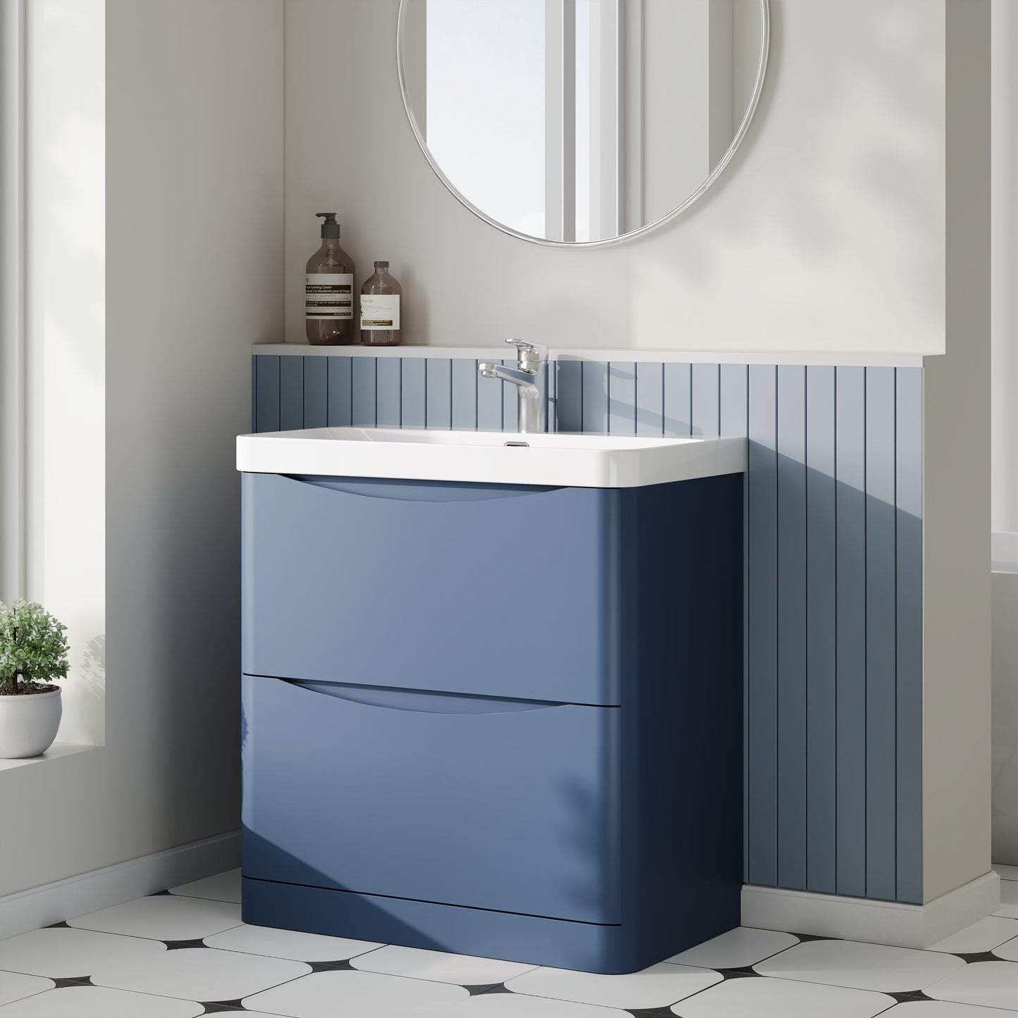 Nuie Lunar 800mm Satin Blue Floor Standing 2 Drawer Vanity Unit With Ceramic Basin