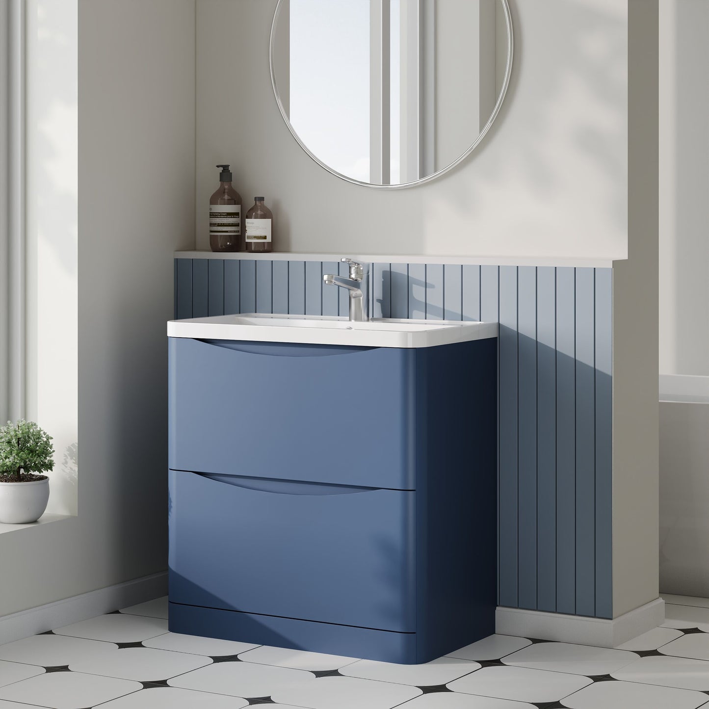 Nuie Lunar 800mm Satin Blue Floor Standing 2 Drawer Vanity Unit With Basin