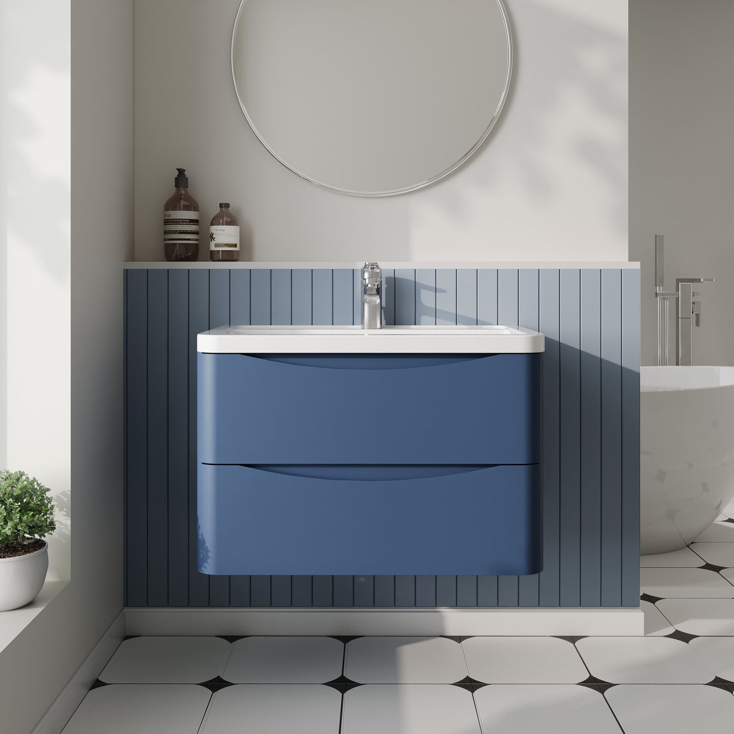 Nuie Lunar 800mm Satin Blue Wall Hung 2 Drawer Vanity Unit With Ceramic Basin