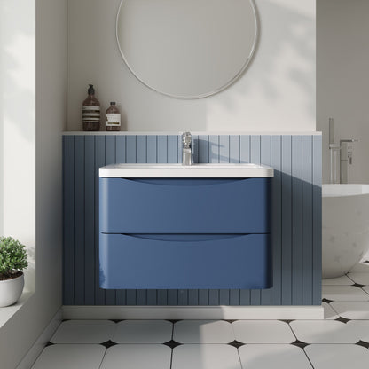 Nuie Lunar 800mm Satin Blue Wall Hung 2 Drawer Vanity Unit With Ceramic Basin