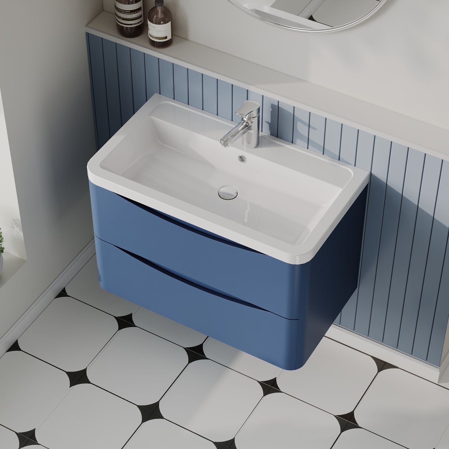 Nuie Lunar 800mm Satin Blue Wall Hung 2 Drawer Vanity Unit With Ceramic Basin