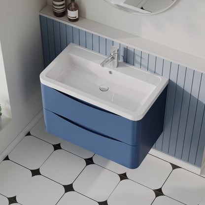 Nuie Lunar 800mm Satin Blue Wall Hung 2 Drawer Vanity Unit With Ceramic Basin