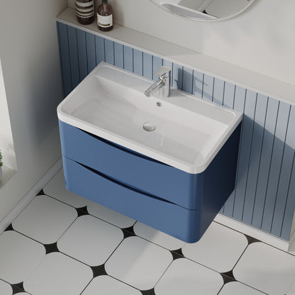 Nuie Lunar 800mm Satin Blue Wall Hung 2 Drawer Vanity Unit & Polymarble Basin